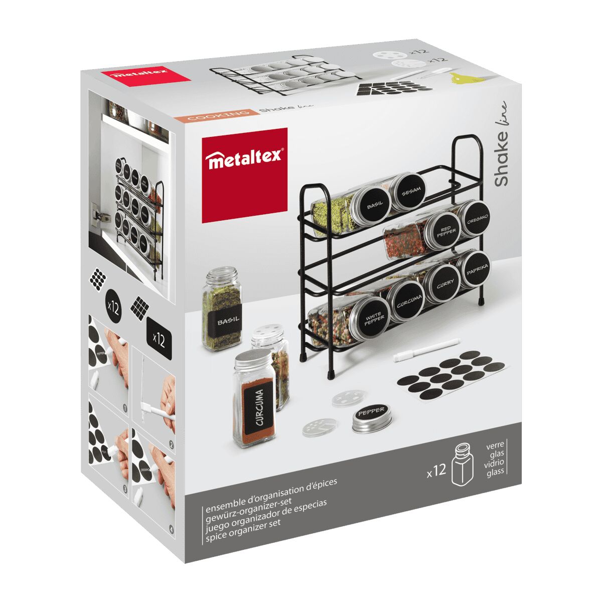 METALTEX 252898000 Gewürzgläser Set - 12 Gläser mit Aluminiumdeckeln, Ständer und Zubehör