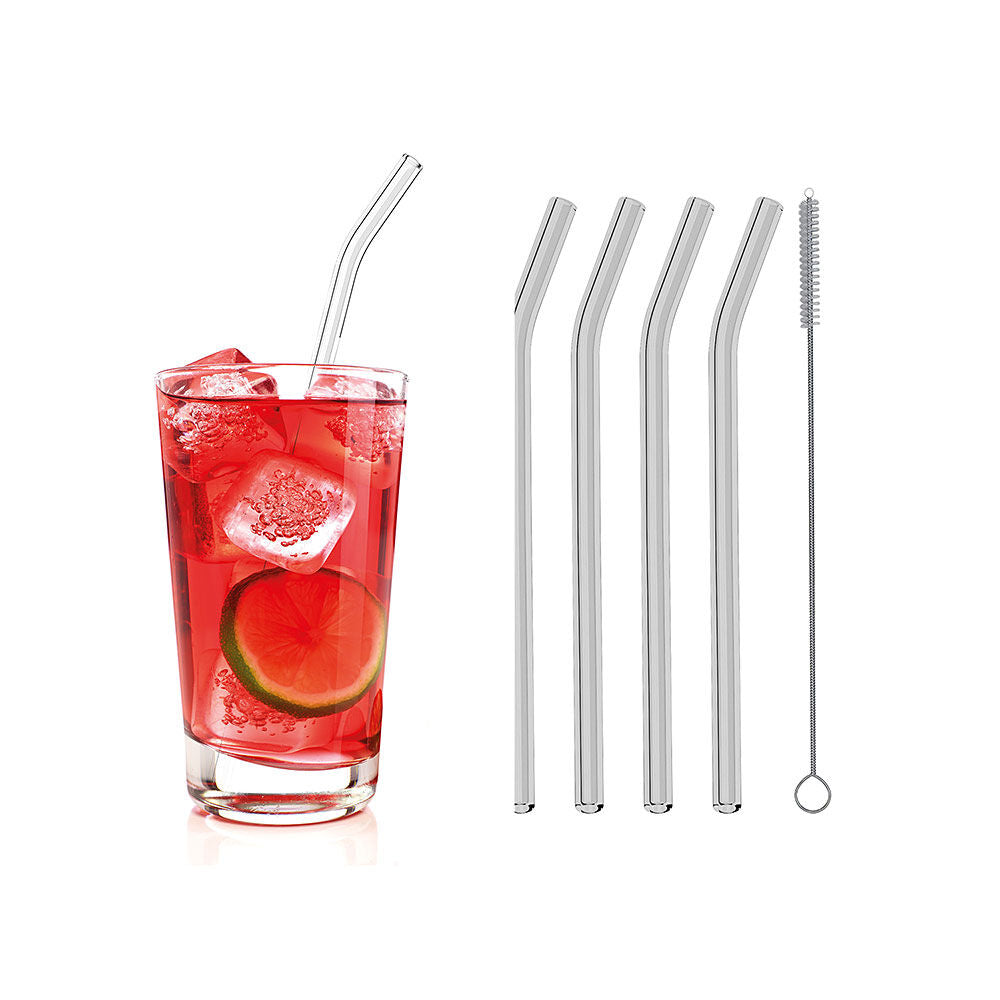 Metaltex 253186000 Trinkhalme geknickt aus Glas, 4 Stk. mit Reinigungsbürste / Strohhalme