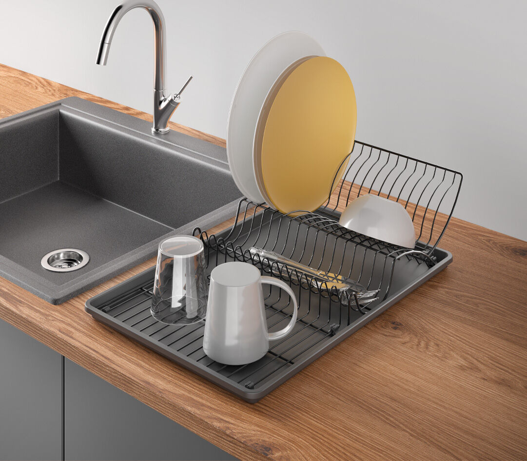METALTEX Wingtex Spülkorb mit Schale Lava 50 x 31 cm, TouchTherm, matt schwarz / Geschirrkorb / Abtropfgestell