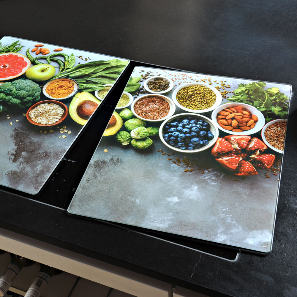 KESPER 3664313 XL Herdabdeckplatte, 2er Set, Motiv HEALTHY KITCHEN / Glasschneidbrett / Kochfeld Abdeckung