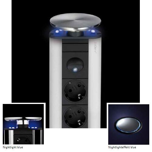 EVOLINE Port NIGHTLIGHT mit Edelstahldeckel und blauen LEDs - die versenkbare Energiebox mit 3 Steckdosen und LED / Schukosteckdosen / Steckdose