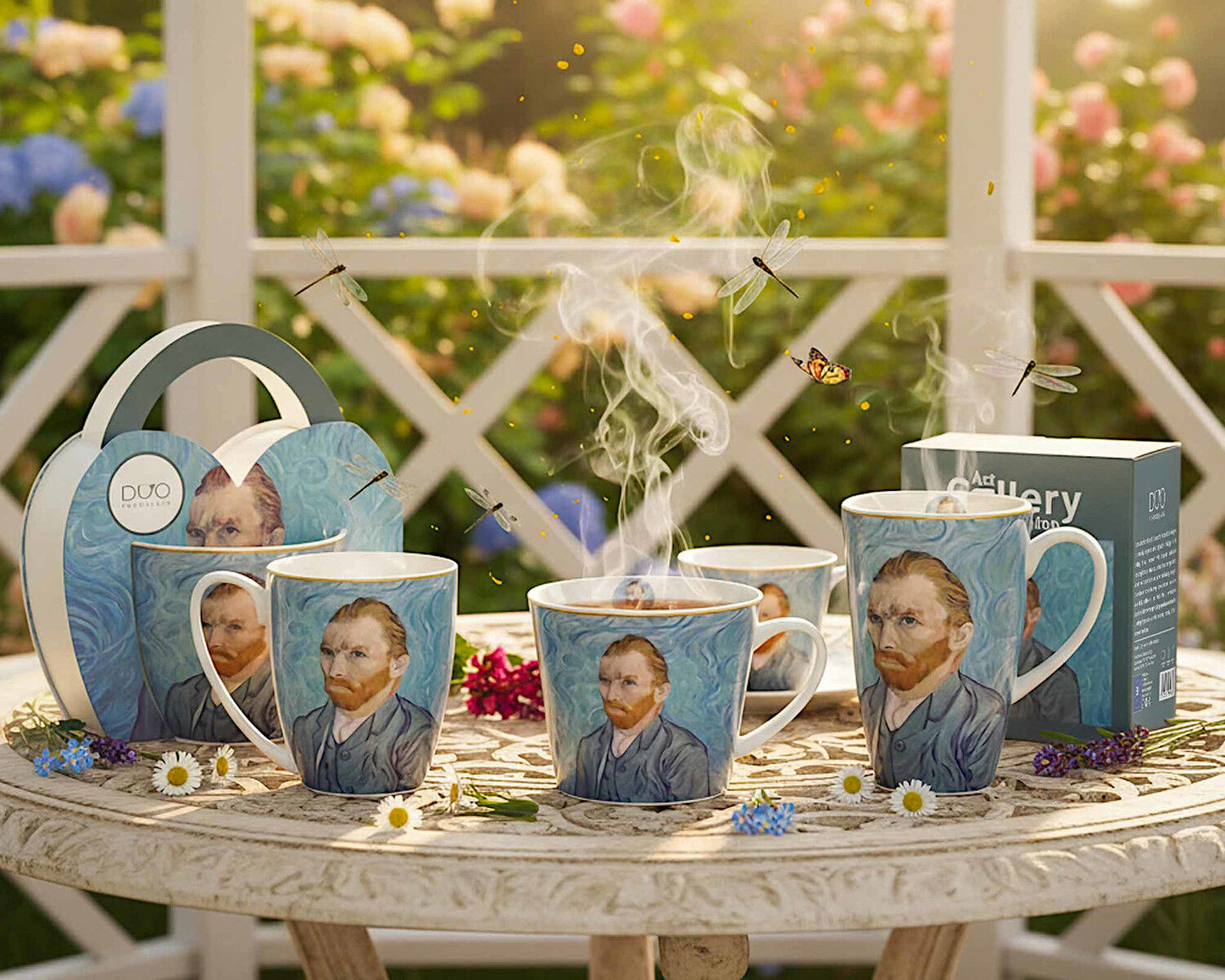 DUO ART GALLERY Fassbecher 430 ml mit Teesieb PORTRAIT OF Van Gogh, New Bone China Porzellan