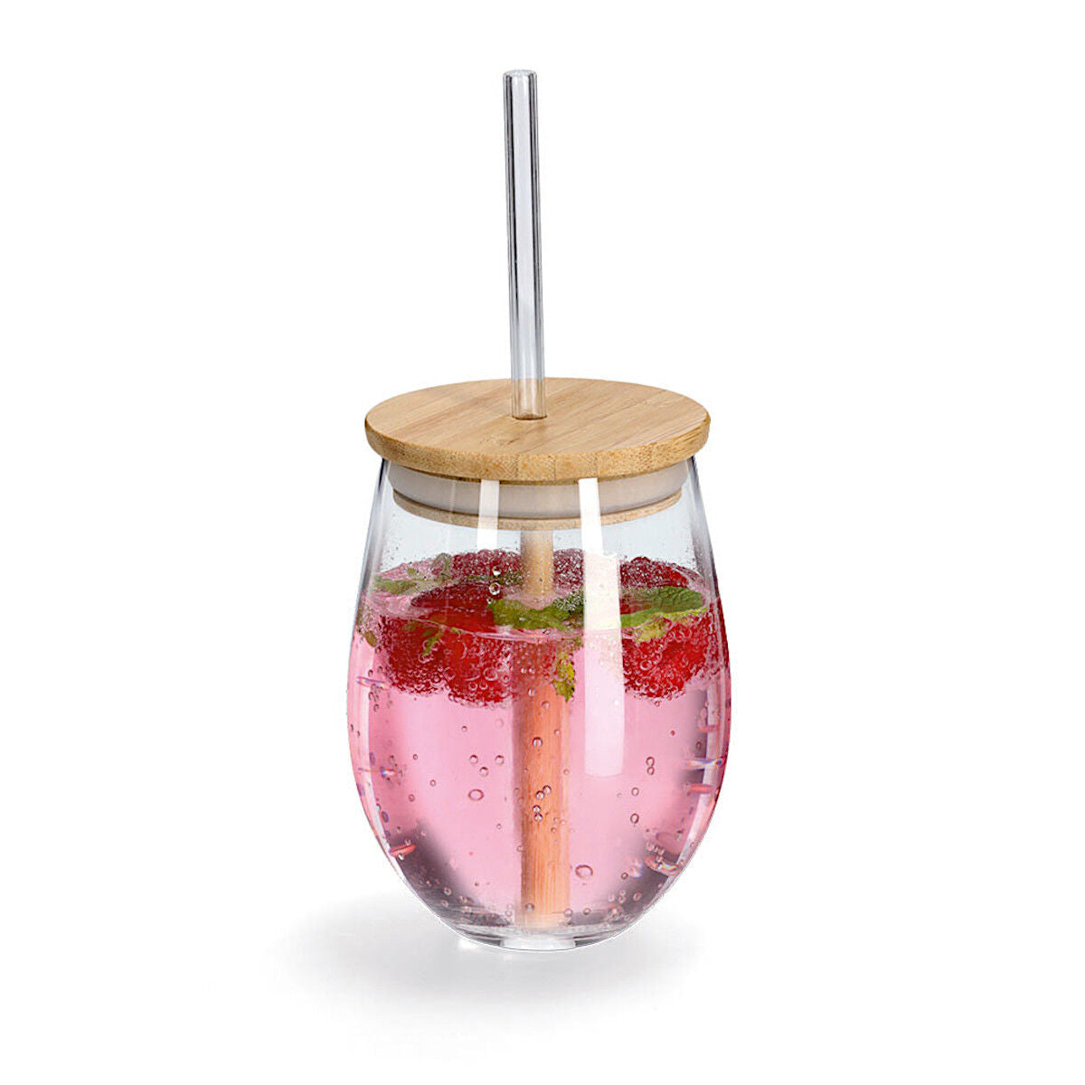 ZELLER 19647 Trinkglas mit Bambusdeckel und Glasstrohhalm, Ø 9,2 x 12,6 cm