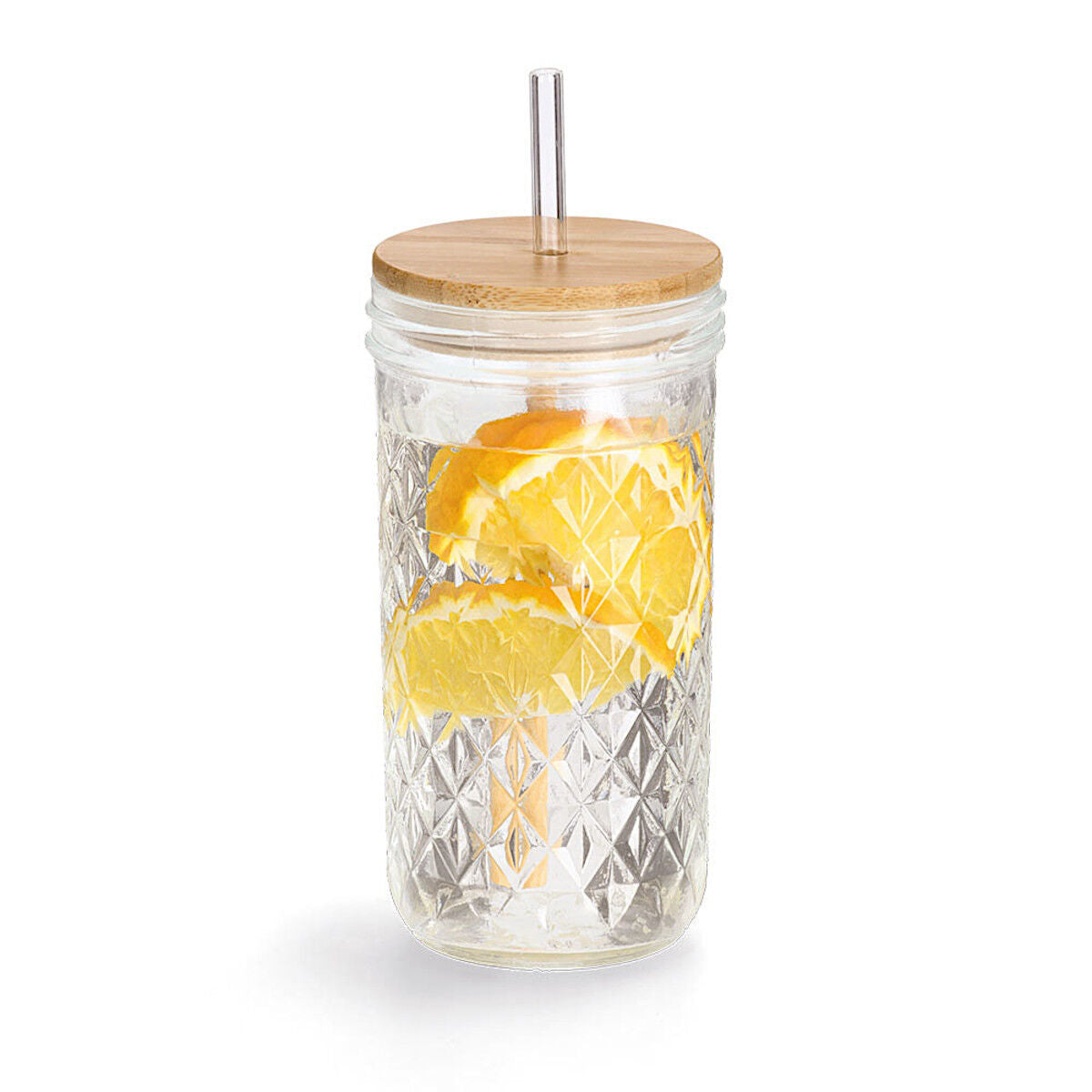 ZELLER 19648 Trinkglas mit Bambusdeckel und Glasstrohhalm, Ø 8,9 x 16,4 cm