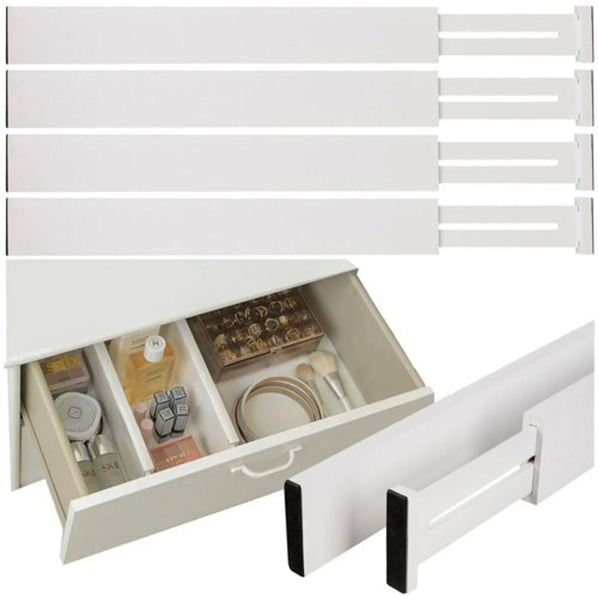 RUHHY 25632 Schubladenorganisator weiß, 4er Pack, Länge einstellbar von 42 bis 56 cm / Schubladentrenner