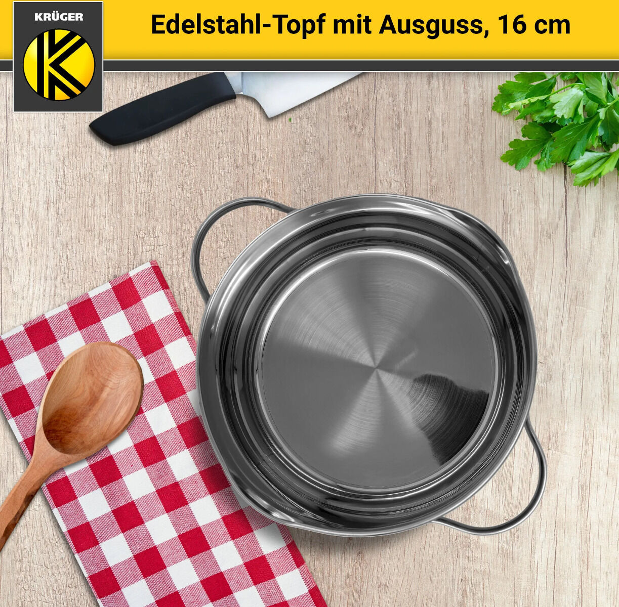 Karl Krüger 101016A Fleischtopf Edelstahl mit Glasdeckel, Ø 16 cm / Kochtopf