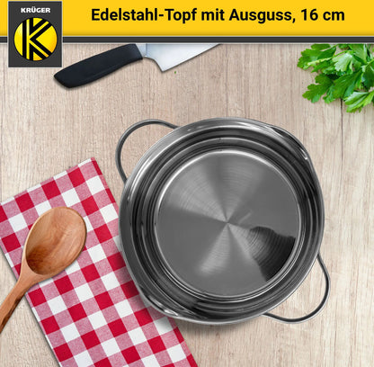 Karl Krüger 101016A Fleischtopf Edelstahl mit Glasdeckel, Ø 16 cm / Kochtopf