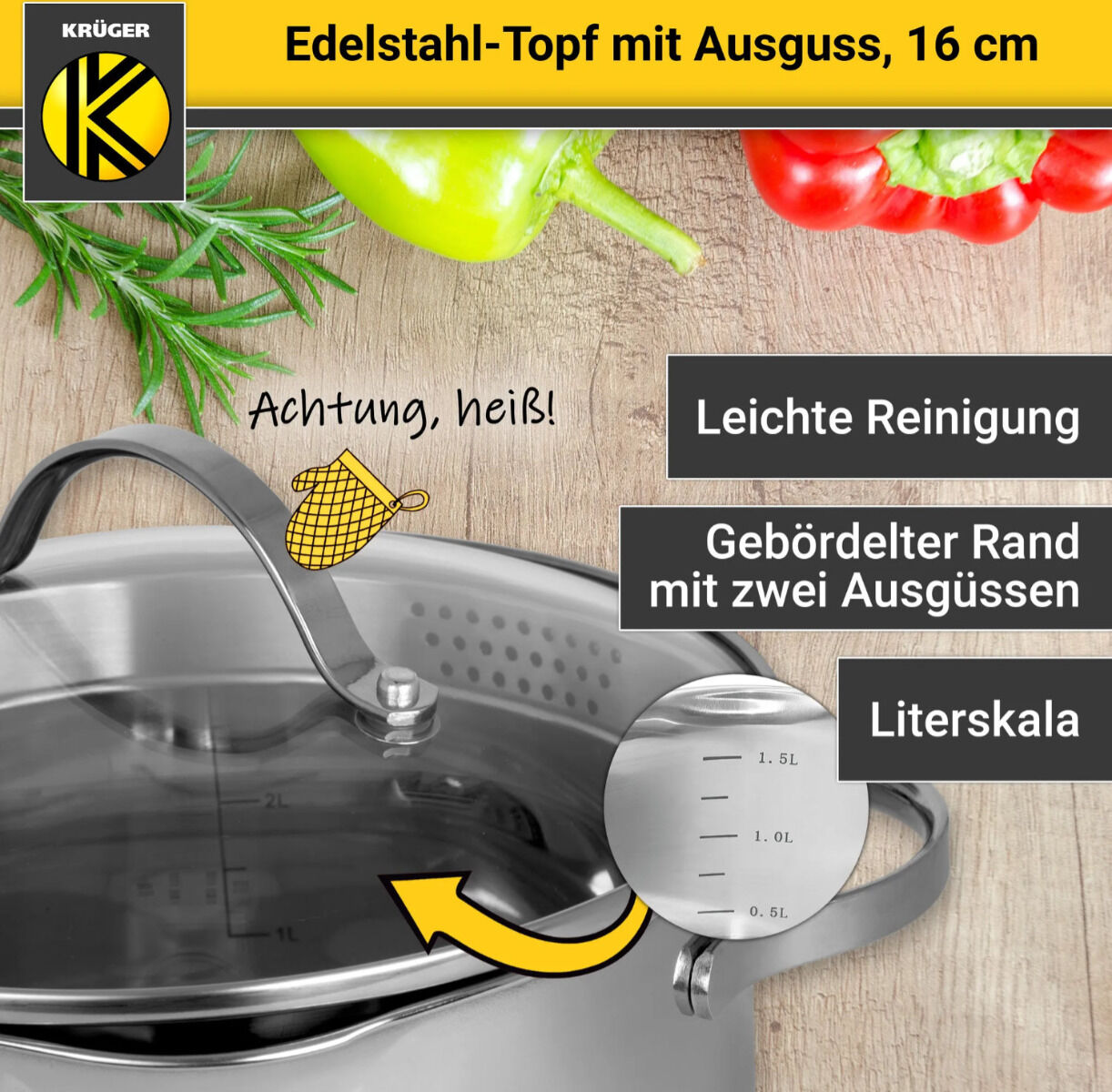 Karl Krüger 101016A Fleischtopf Edelstahl mit Glasdeckel, Ø 16 cm / Kochtopf