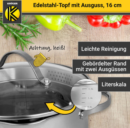 Karl Krüger 101016A Fleischtopf Edelstahl mit Glasdeckel, Ø 16 cm / Kochtopf