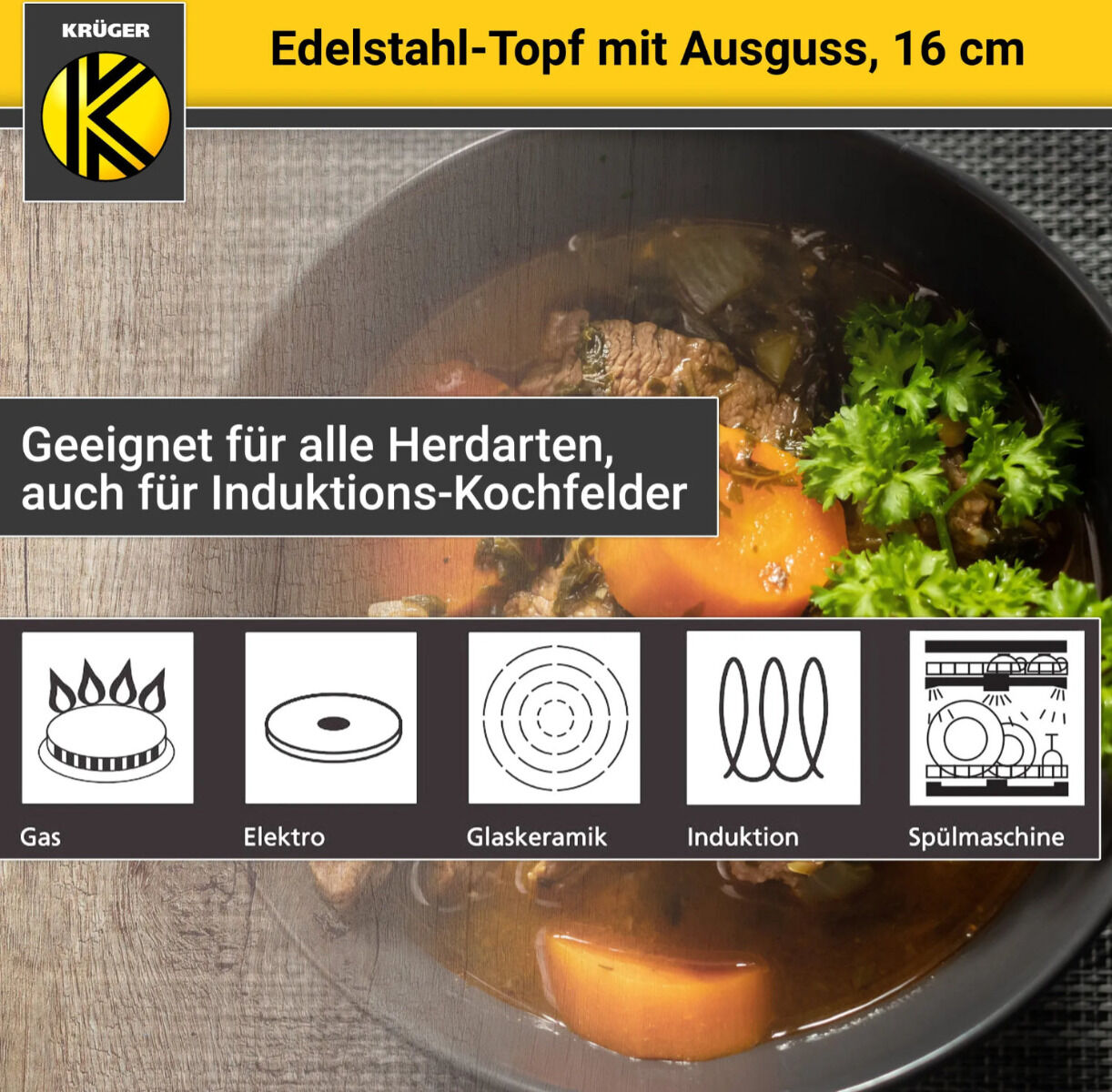 Karl Krüger 101016A Fleischtopf Edelstahl mit Glasdeckel, Ø 16 cm / Kochtopf