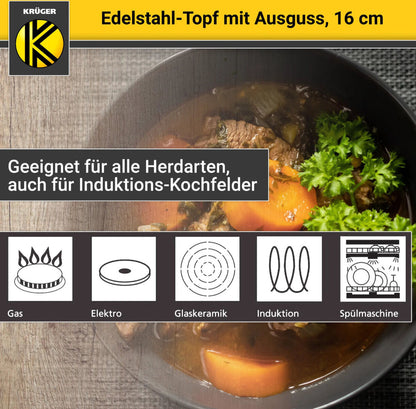 Karl Krüger 101024A Fleischtopf Edelstahl mit Glasdeckel, Ø 24 cm / Kochtopf