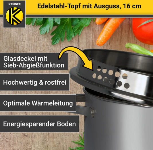 Karl Krüger 101016A Fleischtopf Edelstahl mit Glasdeckel, Ø 16 cm / Kochtopf