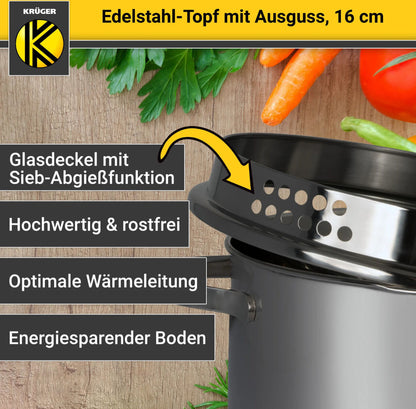 Karl Krüger 101024A Fleischtopf Edelstahl mit Glasdeckel, Ø 24 cm / Kochtopf