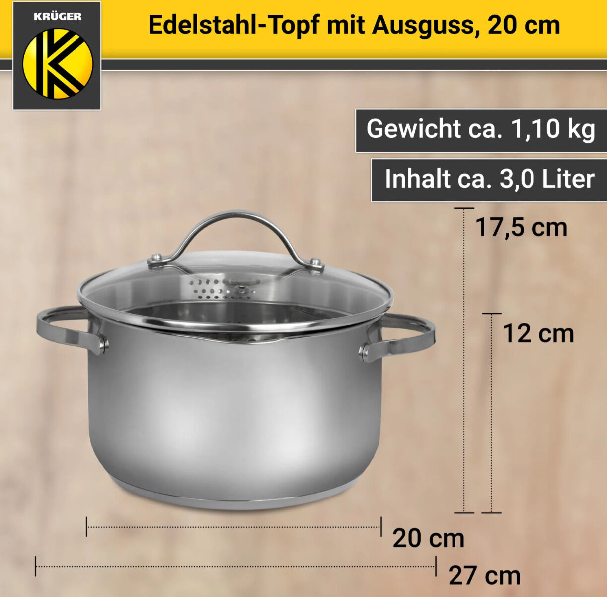 Karl Krüger 101020A Fleischtopf Edelstahl mit Glasdeckel, Ø 20 cm / Kochtopf