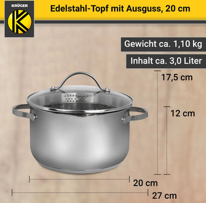 Karl Krüger 101020A Fleischtopf Edelstahl mit Glasdeckel, Ø 20 cm / Kochtopf