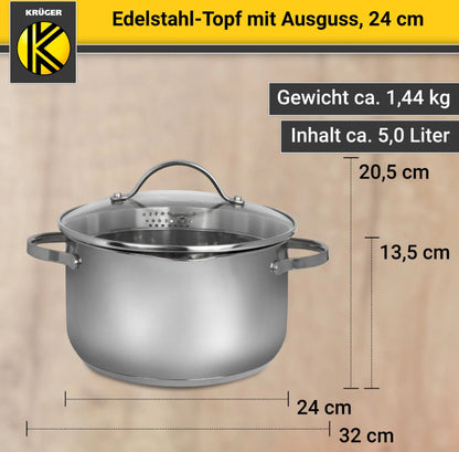 Karl Krüger 101024A Fleischtopf Edelstahl mit Glasdeckel, Ø 24 cm / Kochtopf