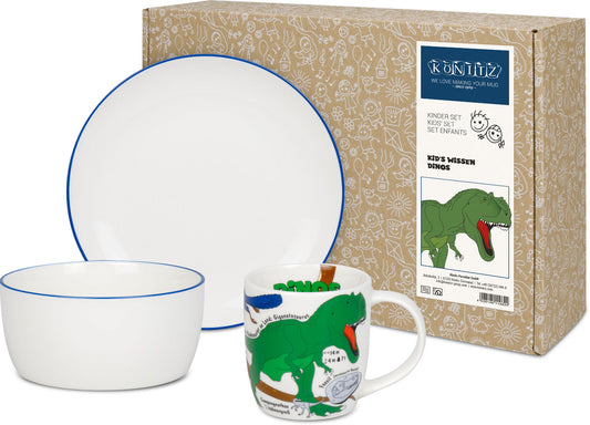 KÖNITZ 1150003025 Kid's Wissen Dinos Kinderset 3-tlg. im Geschenkkarton / Becher, Teller, Müslischale