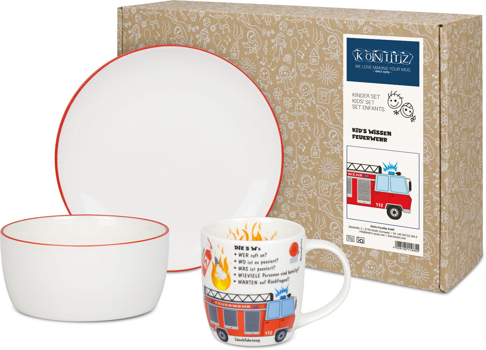 KÖNITZ 1150003026 Kid's Wissen Feuerwehr Kinderset 3-tlg. im Geschenkkarton / Becher, Teller, Müslischale