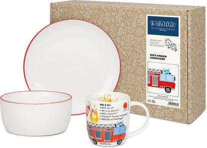 KÖNITZ 1150003026 Kid's Wissen Feuerwehr Kinderset 3-tlg. im Geschenkkarton / Becher, Teller, Müslischale
