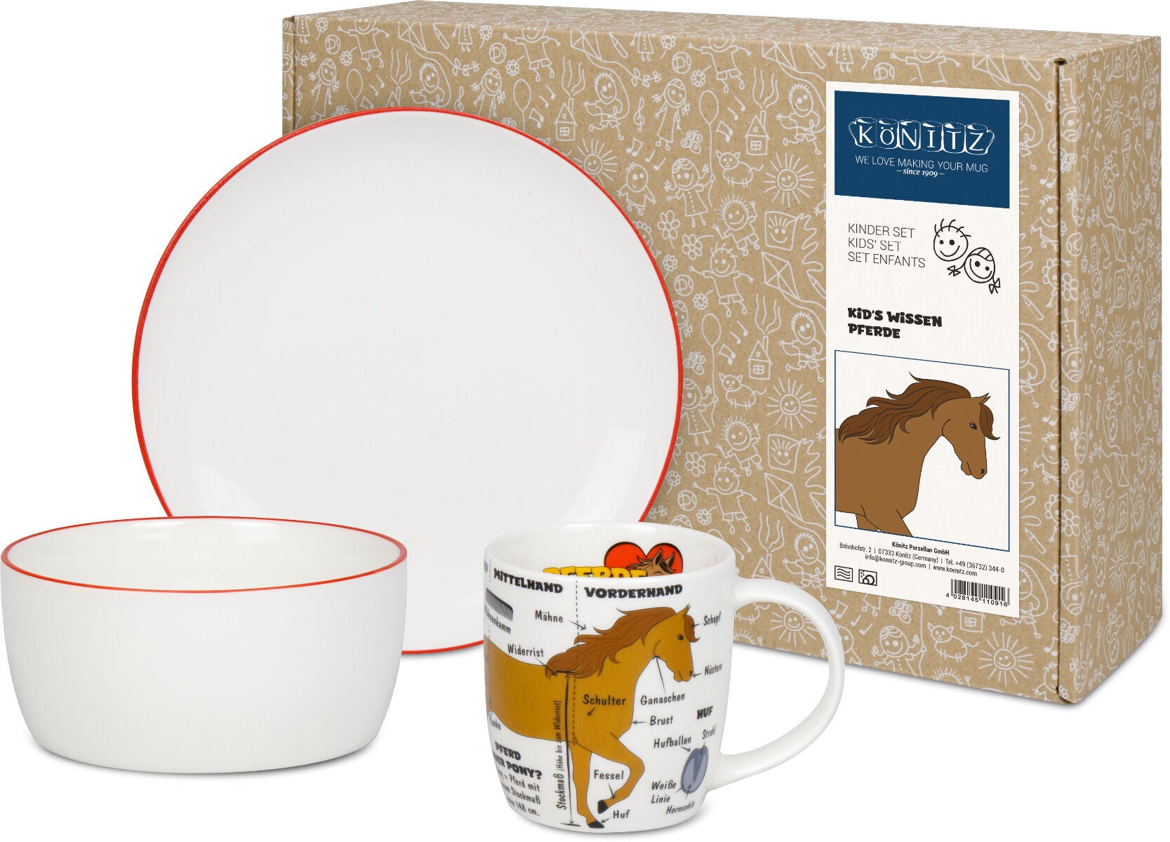 KÖNITZ 1150003027 Kid's Wissen Pferde Kinderset 3-tlg. im Geschenkkarton / Becher, Teller, Müslischale