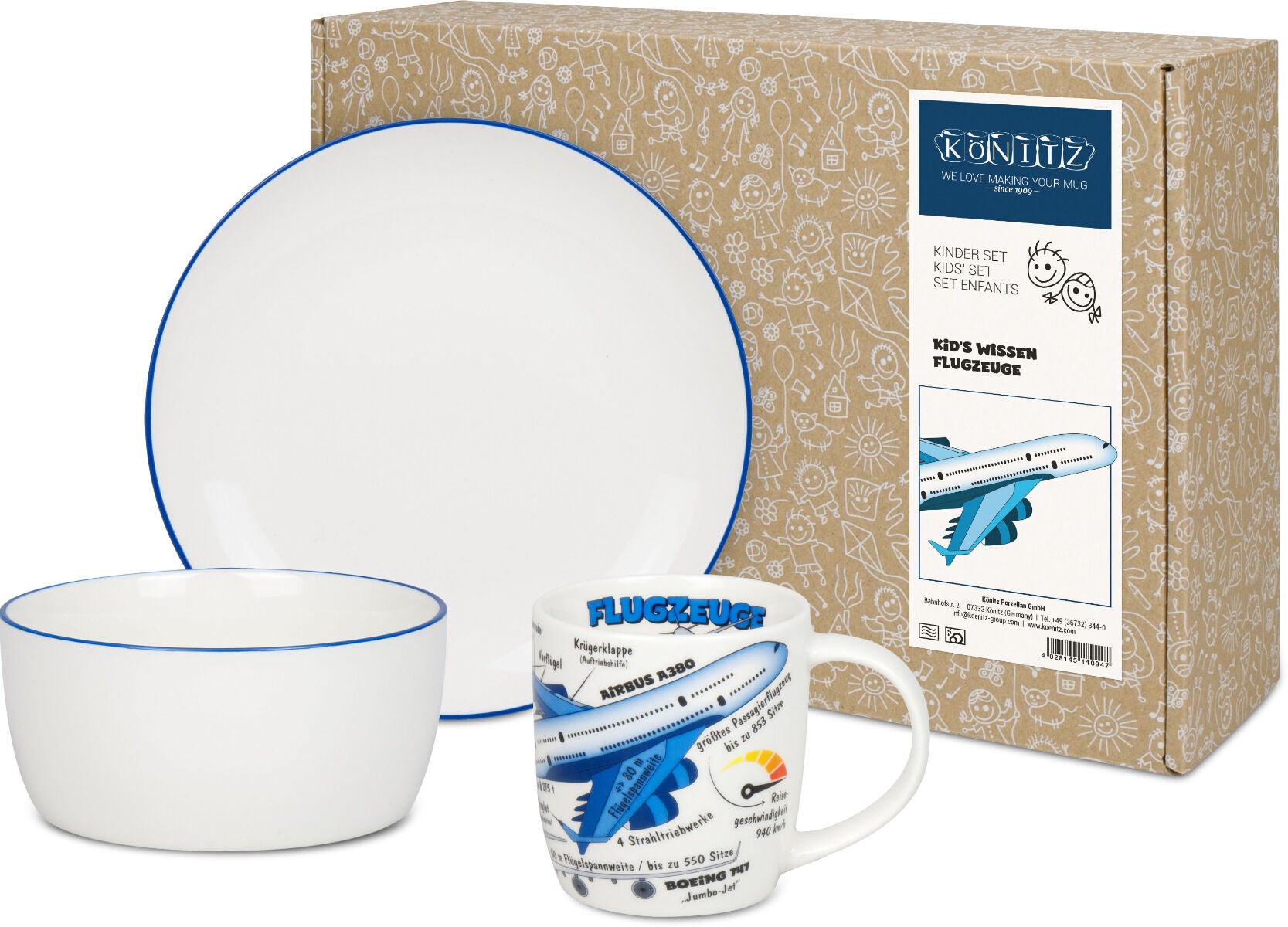KÖNITZ 1150003028 Kid's Wissen Flugzeuge Kinderset 3-tlg. im Geschenkkarton / Becher, Teller, Müslischale