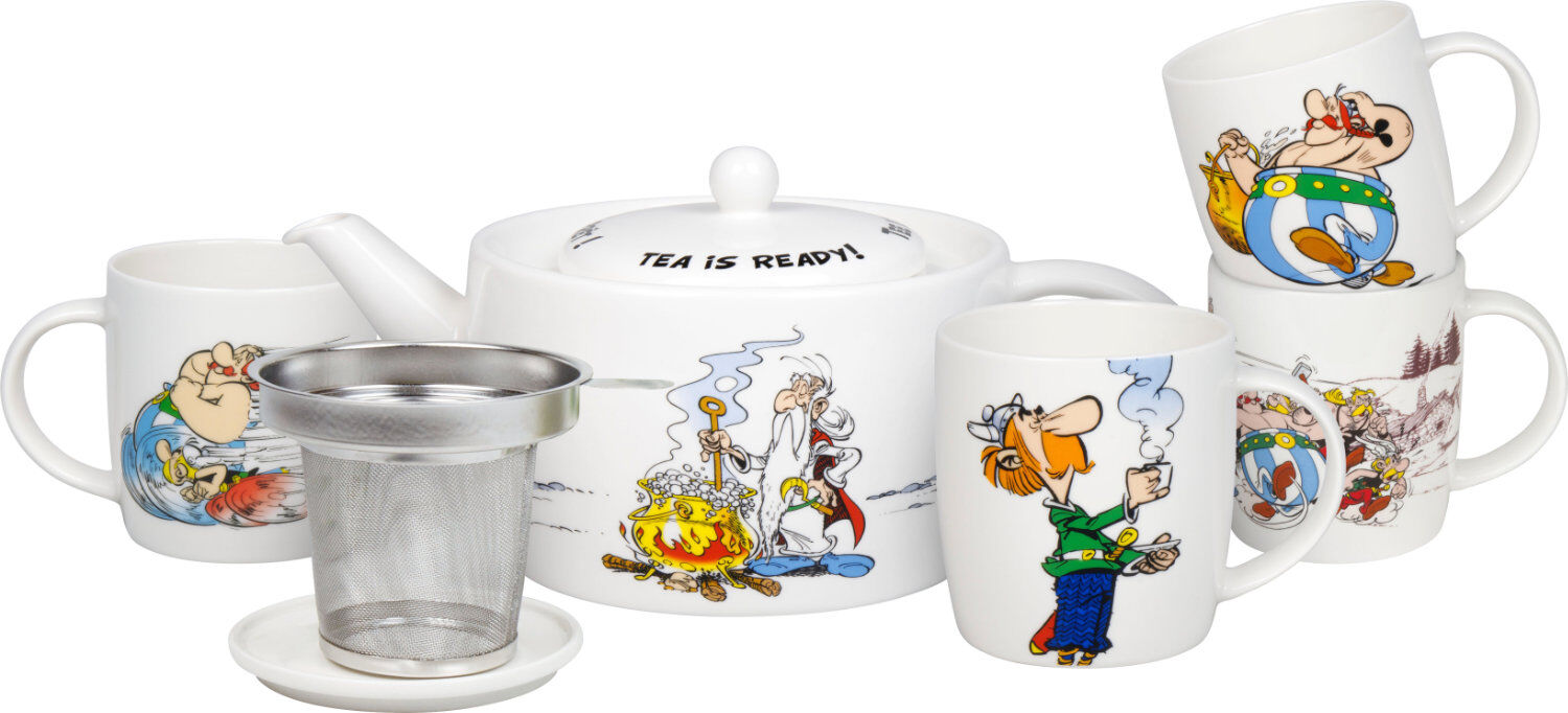 KÖNITZ 1150003041 Asterix & Obelix Set Kanne mit Sieb und Deckel & 1 Untersetzer & 4 Becher im Karton - Tee ist fertig