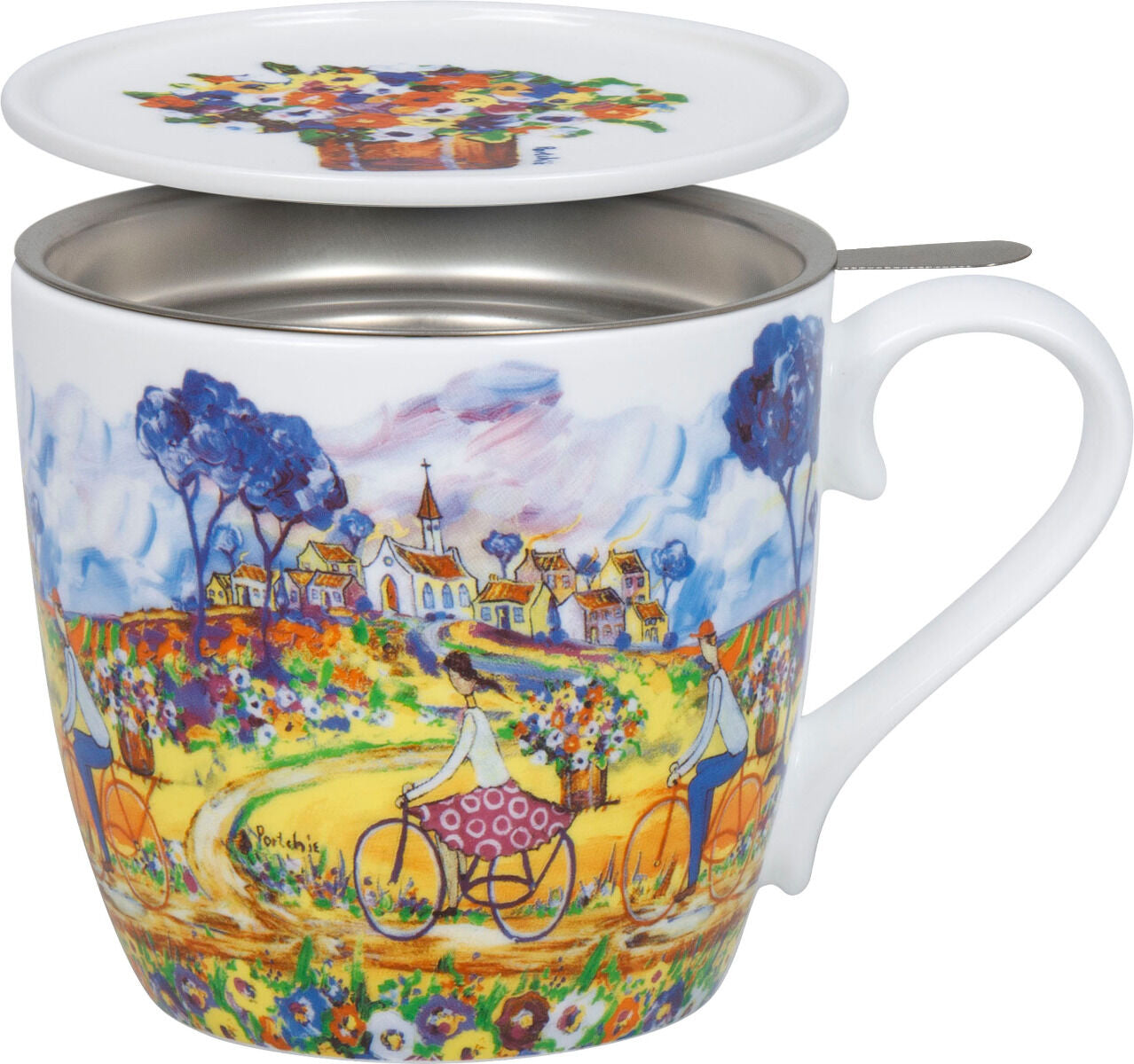 KÖNITZ 1150572992 Becher Flowers for Aunt Juliet by Portchie 425 ml mit Sieb und Deckel, Bone China Porzellan