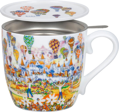 KÖNITZ 1150572994 Becher Hot Air Balloon by Portchie 425 ml mit Sieb und Deckel, Bone China Porzellan