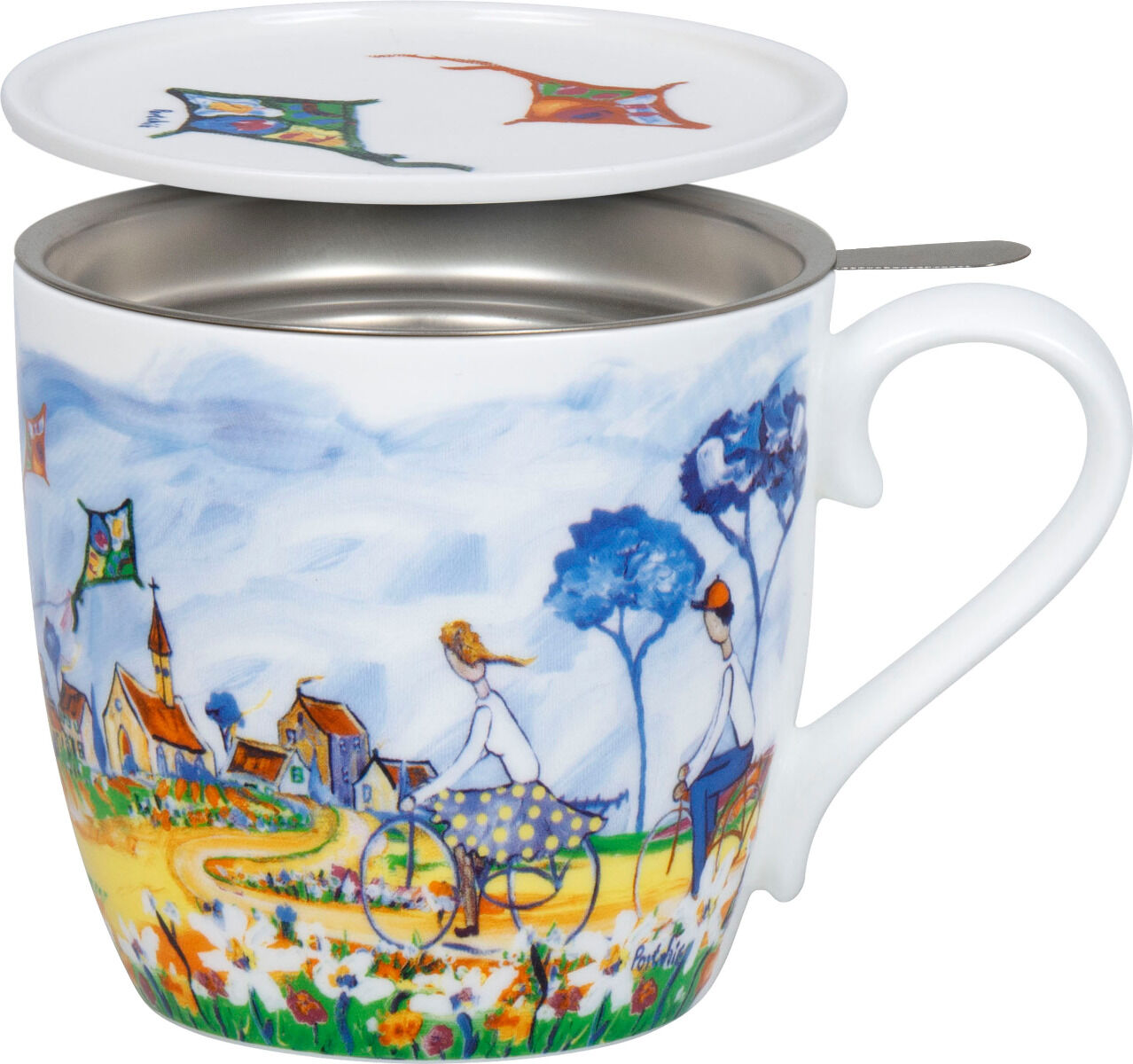 KÖNITZ 1150572995 Becher Kites and Cycling by Portchie 425 ml mit Sieb und Deckel, Bone China Porzellan