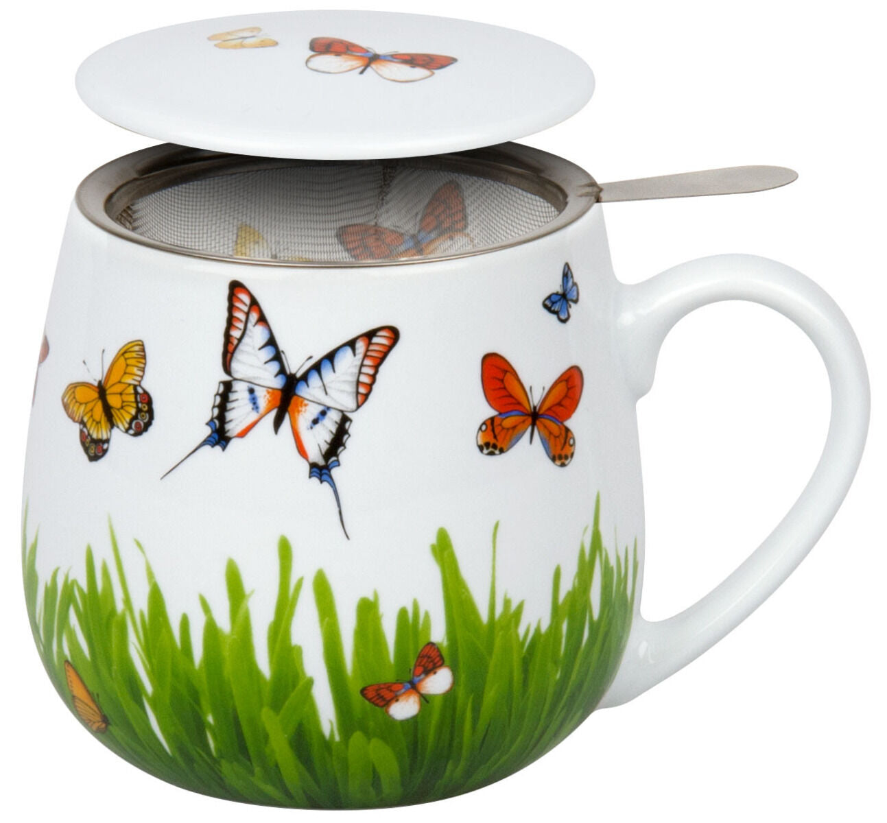 KÖNITZ 1151432277 Becher mit Sieb und Deckel 400 ml - Tea For You - Schmetterlingswiese, Porzellan