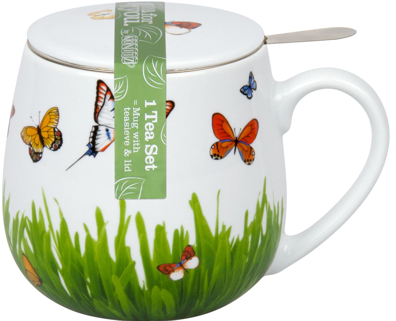 KÖNITZ 1151432277 Becher mit Sieb und Deckel 400 ml - Tea For You - Schmetterlingswiese, Porzellan – Bild 2