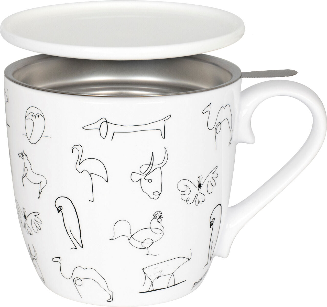 KÖNITZ 115S570104 Becher Picasso - Animaux 425 ml mit Sieb und Deckel, Bone China Porzellan