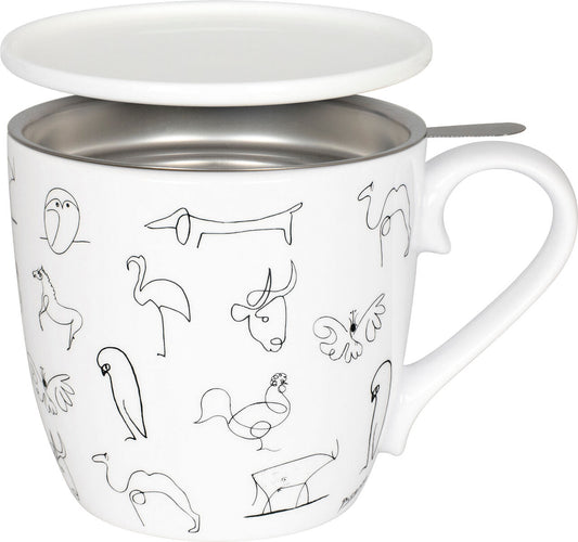 KÖNITZ 115S570104 Becher Picasso - Animaux 425 ml mit Sieb und Deckel, Bone China Porzellan