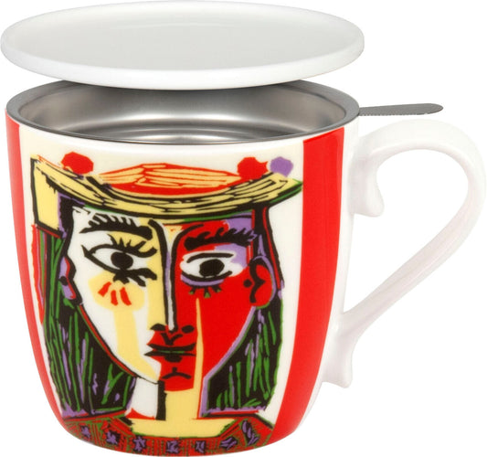 KÖNITZ 115S571991 Becher Picasso - Femme Au Chapeau 425 ml mit Sieb und Deckel, Bone China Porzellan
