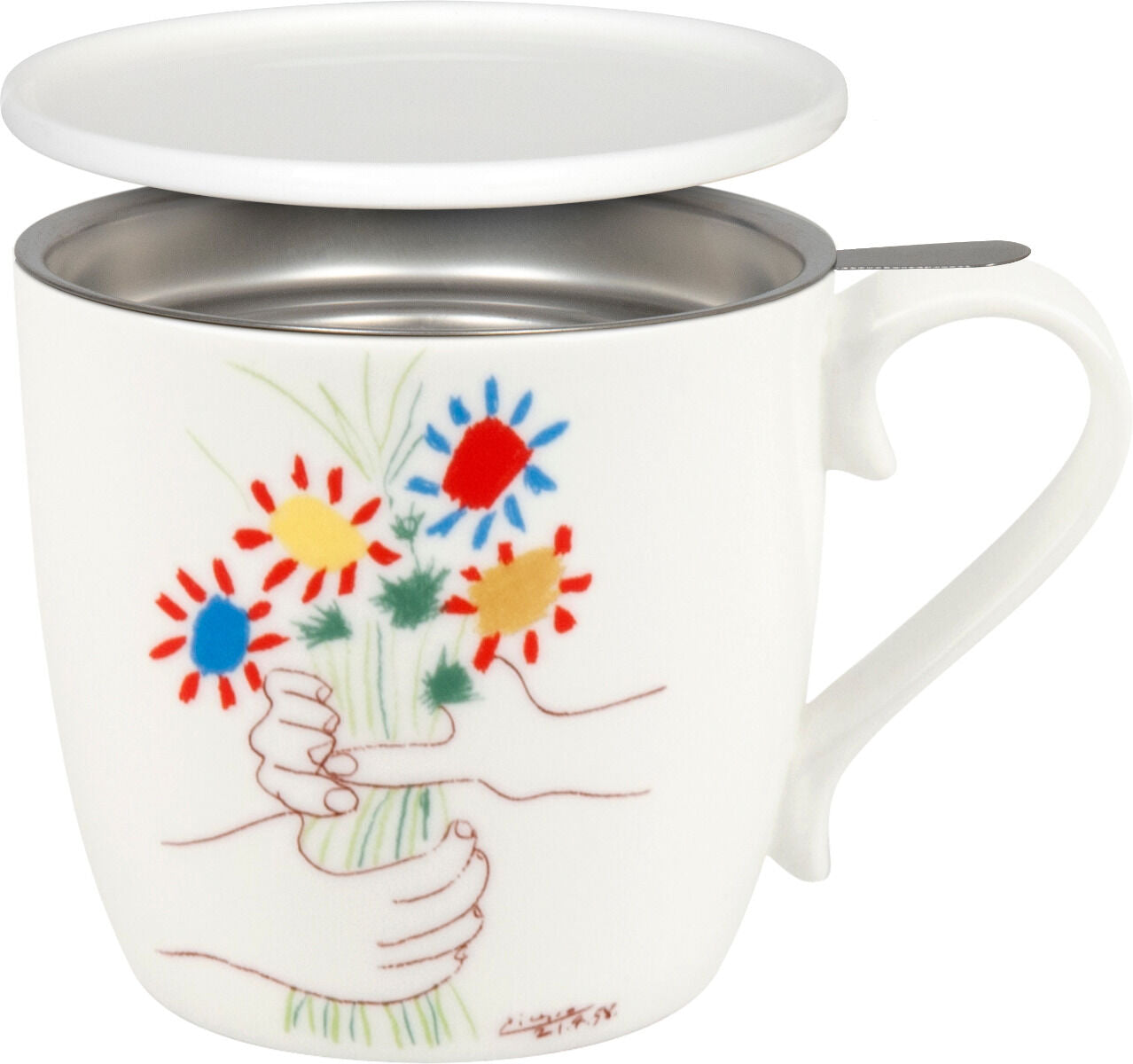 KÖNITZ 115S571993 Becher Picasso - Le Bouquet de l'Amitié 425 ml mit Sieb und Deckel, Bone China Porzellan