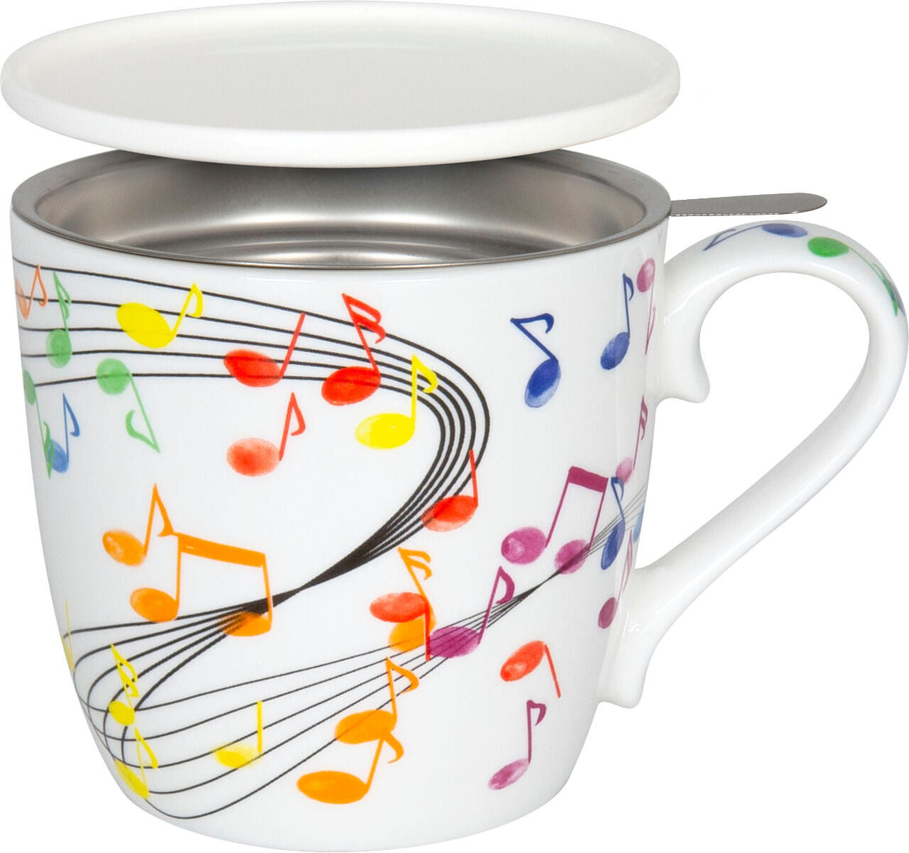 KÖNITZ 115S572300 Becher Flying Notes 425 ml mit Sieb und Deckel, Bone China Porzellan