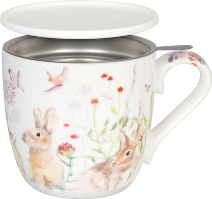 KÖNITZ 115S572368 Becher Victoria Lowe - Spring Bunnies 425 ml mit Sieb und Deckel, Bone China Porzellan
