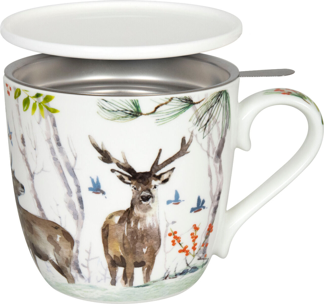 KÖNITZ 115S572616 Becher Victoria Lowe - Winter deer (Winter Hirsch) 425 ml mit Sieb und Deckel, Bone China Porzellan