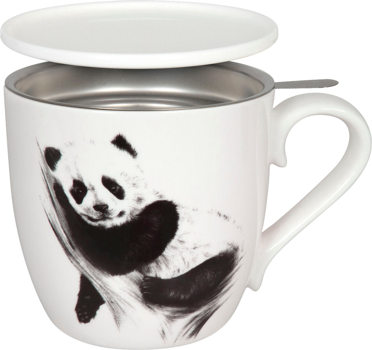 KÖNITZ 115S572617 Becher AMAZING ANIMALS Panda 425 ml mit Sieb und Deckel, Bone China Porzellan / Design Vanessa Kahl