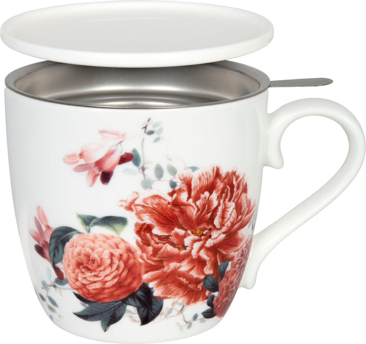 KÖNITZ 115S572669 Becher Gardening - Red Peony (Pfingstrose) 425 ml mit Sieb und Deckel, Bone China Porzellan