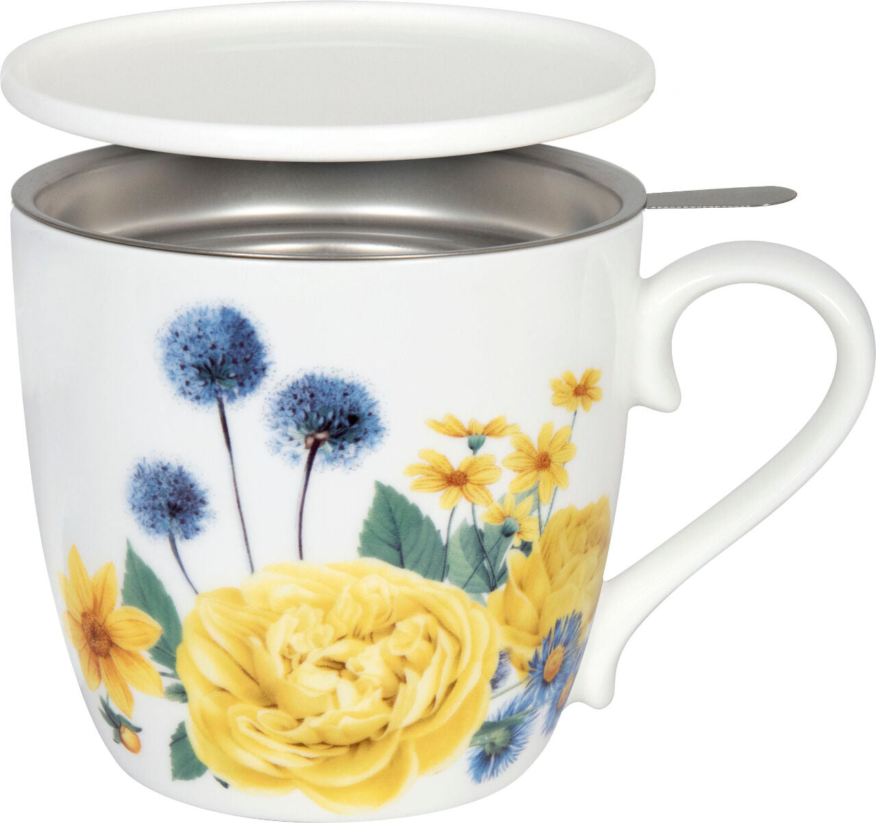 KÖNITZ 115S572670 Becher Gardening - Yellow Roses 425 ml mit Sieb und Deckel, Bone China Porzellan