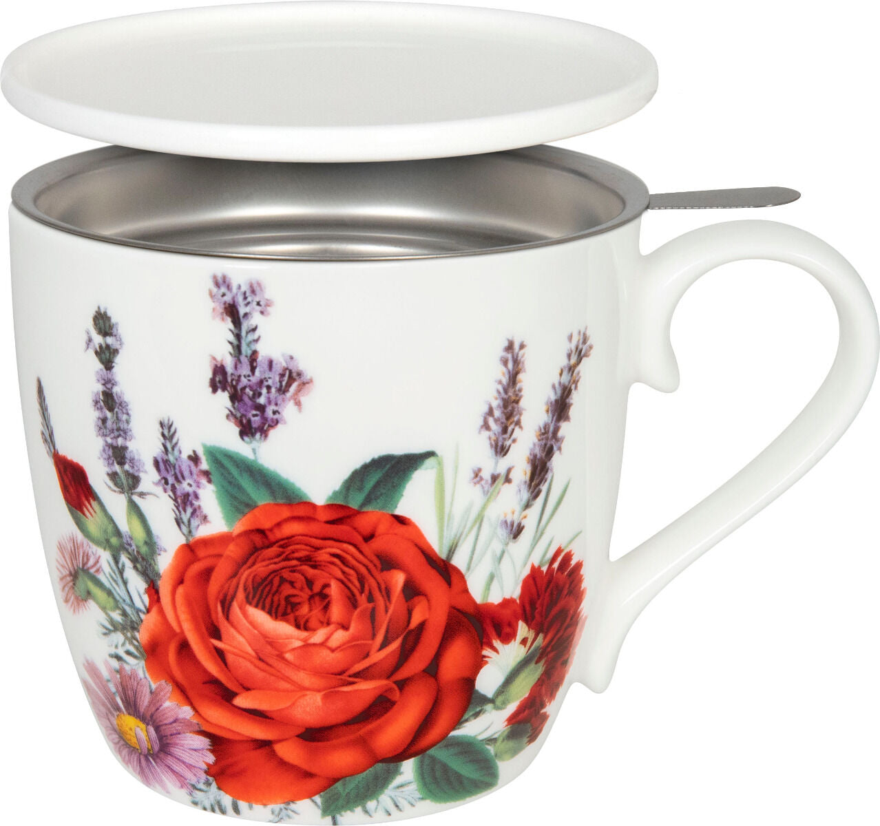 KÖNITZ 115S572703 Becher Gardening - Purple Lavender 425 ml mit Sieb und Deckel, Bone China Porzellan