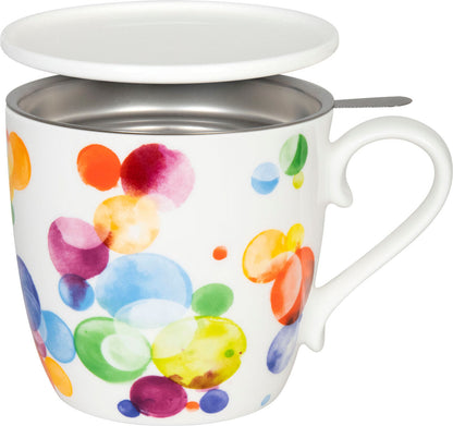 KÖNITZ 115S572708 Becher Colourful Cast Bubbles 425 ml mit Sieb und Deckel, Bone China Porzellan