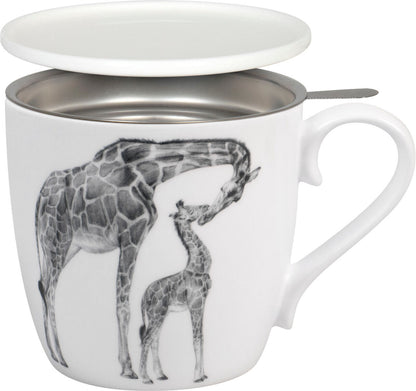 KÖNITZ 115S572760 Becher AMAZING ANIMALS Giraffen 425 ml mit Sieb und Deckel, Bone China Porzellan / Design Vanessa Kahl