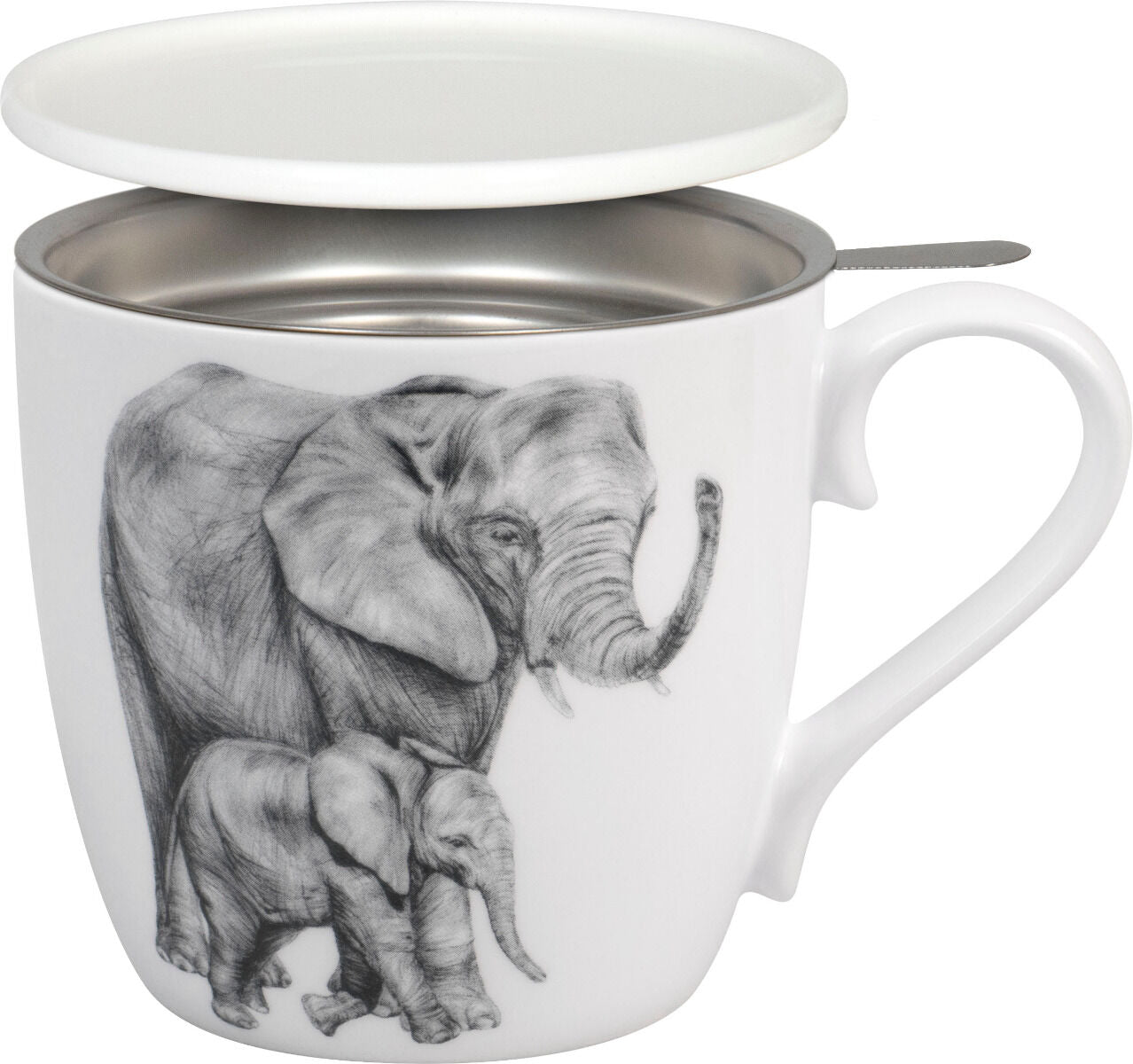 KÖNITZ 115S572761 Becher AMAZING ANIMALS Elefanten 425 ml mit Sieb und Deckel, Bone China Porzellan / Design Vanessa…