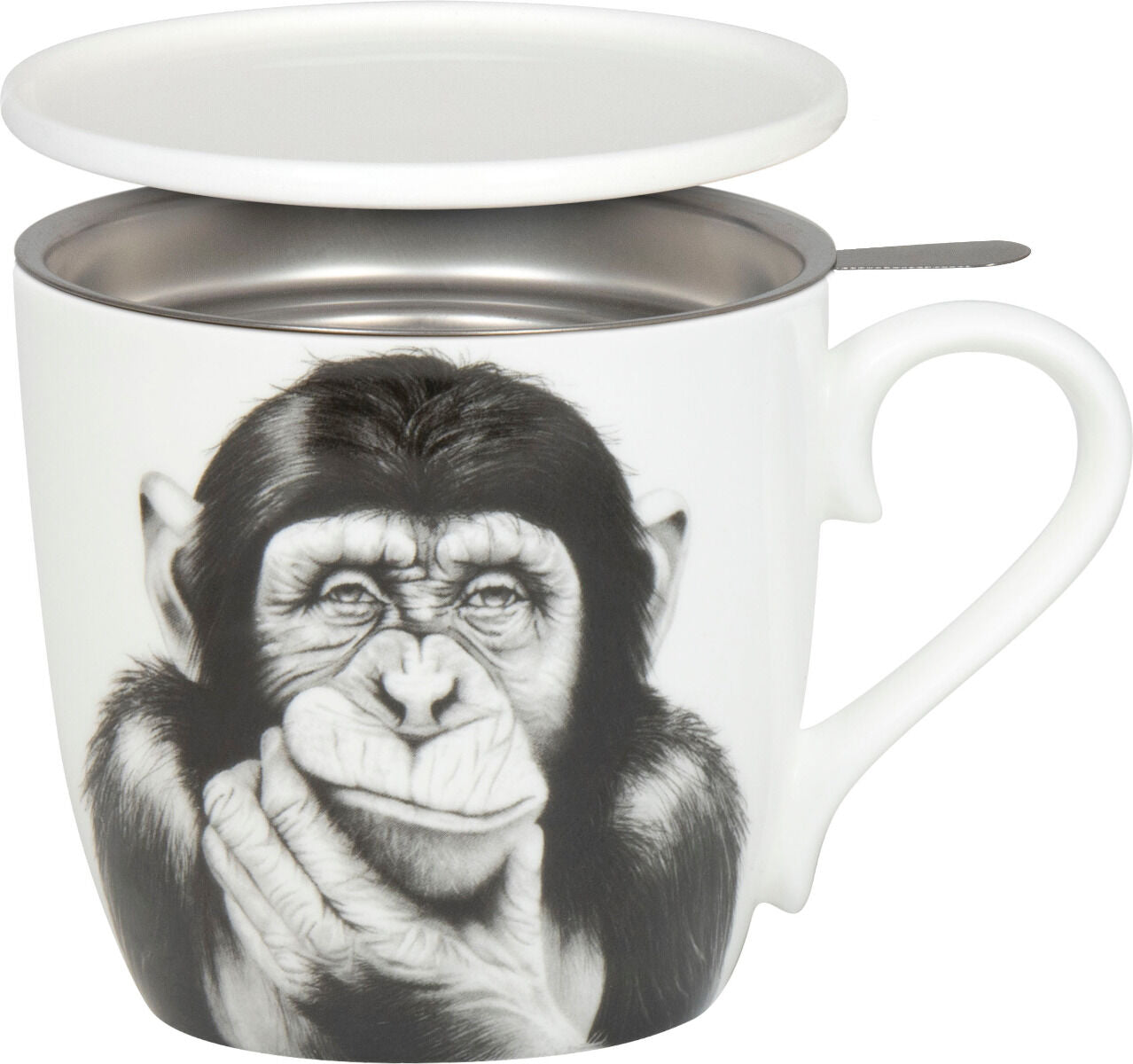 KÖNITZ 115S572830 Becher DENKENDER AFFE 425 ml mit Sieb und Deckel, Bone China Porzellan