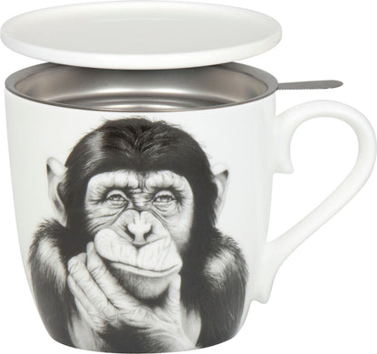KÖNITZ 115S572830 Becher DENKENDER AFFE 425 ml mit Sieb und Deckel, Bone China Porzellan