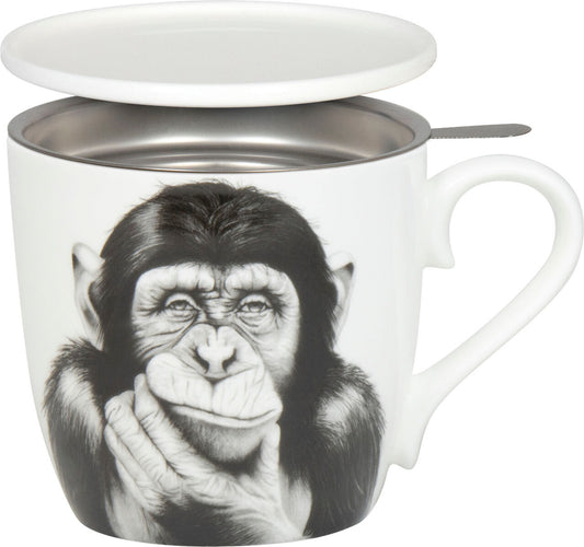 KÖNITZ 115S572830 Becher DENKENDER AFFE 425 ml mit Sieb und Deckel, Bone China Porzellan