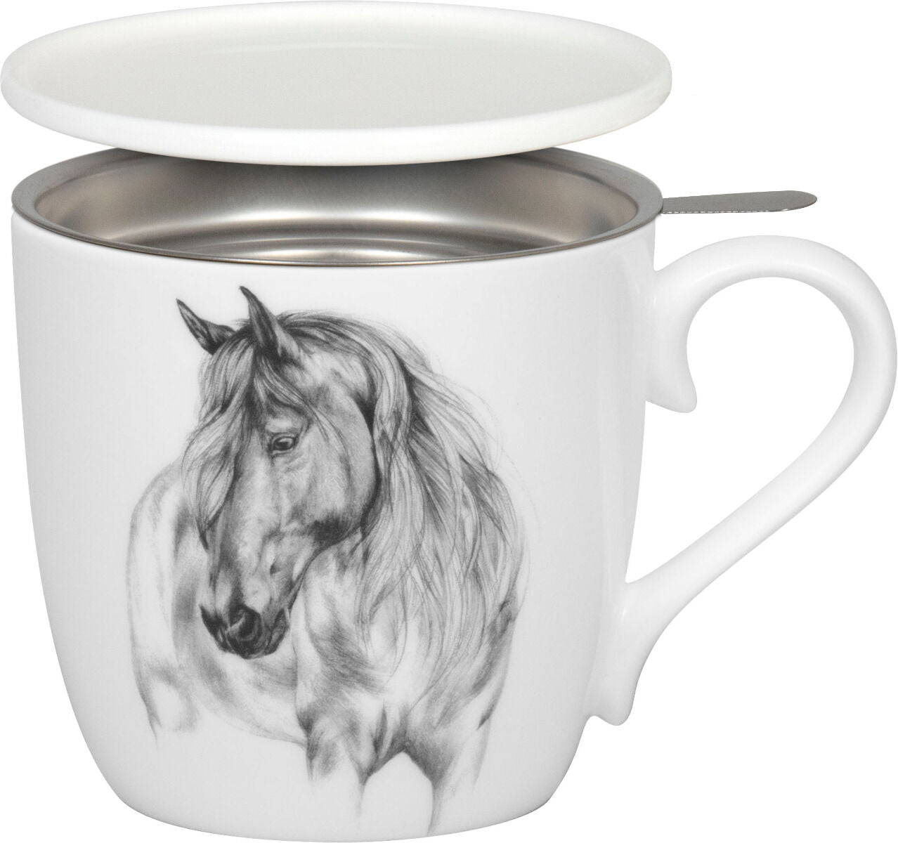 KÖNITZ 115S572864 Becher AMAZING ANIMALS Pferd 425 ml mit Sieb und Deckel, Bone China Porzellan / Design Vanessa Kahl