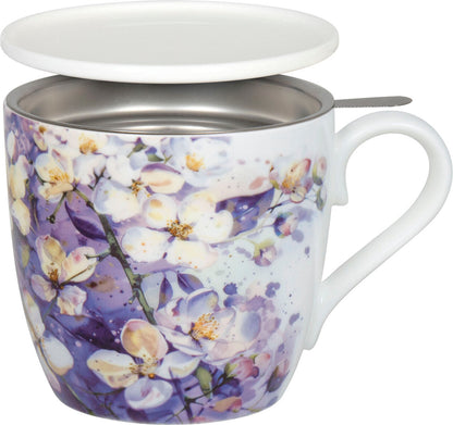 KÖNITZ 115S572929 Becher Purple Blossoms 425 ml mit Sieb und Deckel, Bone China Porzellan